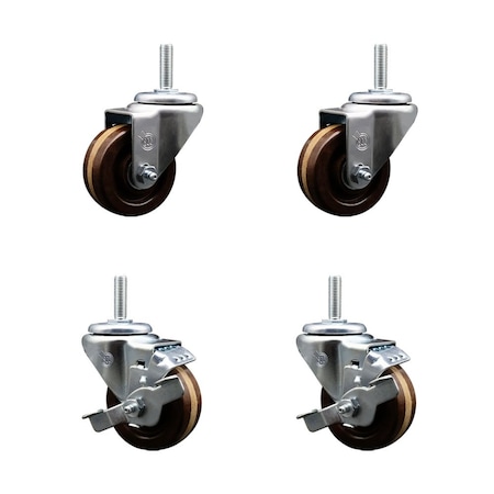 Service Caster 3 Inch High Temp Phenolic 58 Inch Threaded Stem Caster Set 2 Brakes SCC SCC-TS20S314-PHRHT-58212-2-TLB-2